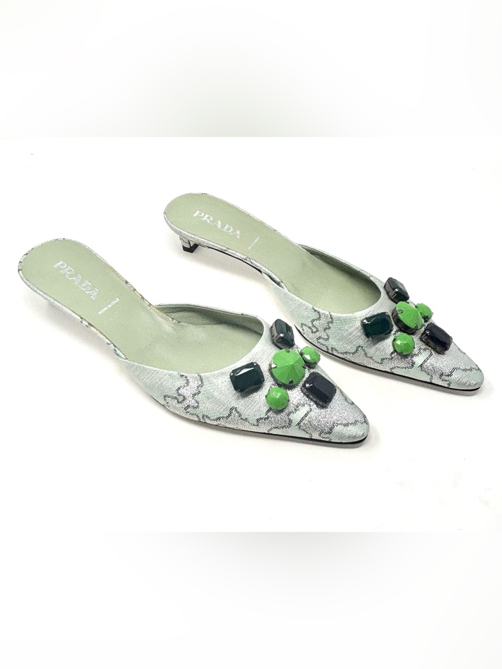 Prada Y2K Vintage Jewel Embellished Brocade Pointed Toe Kitten Heel Mules EU 38